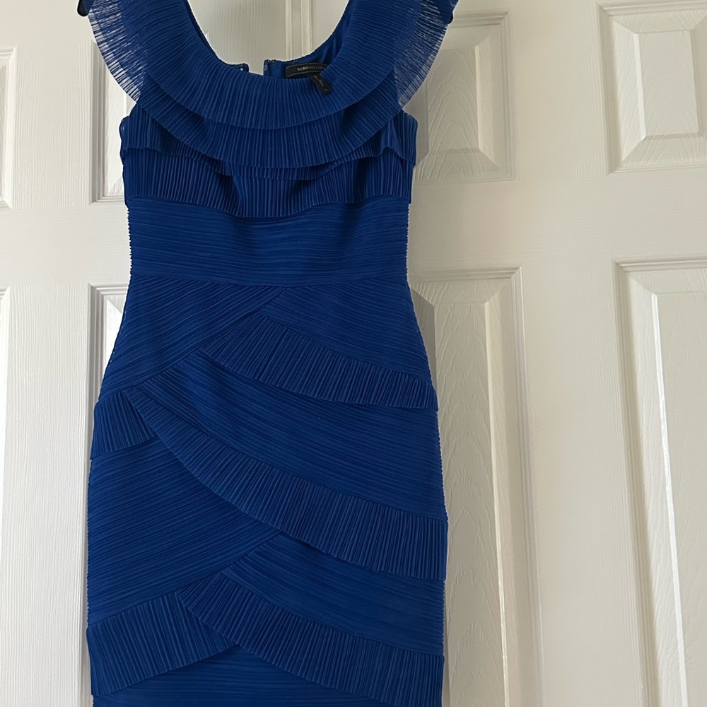BCBG Blue Ruched Ruffled Mini Dress